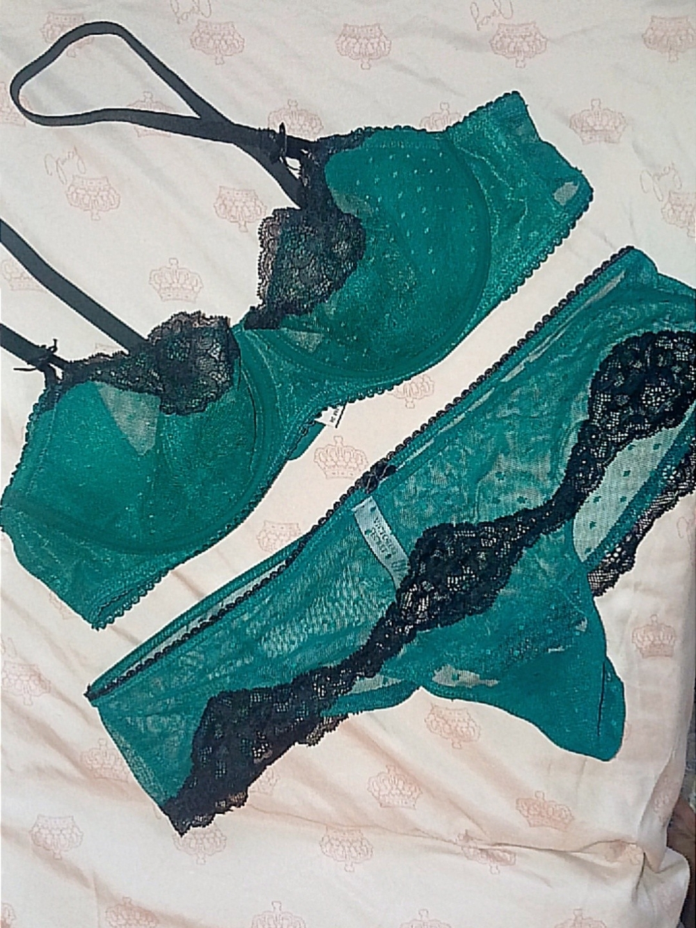 Victoria's Secret Teal & Black Lace Underwire Bra and Bikini Panty Set
